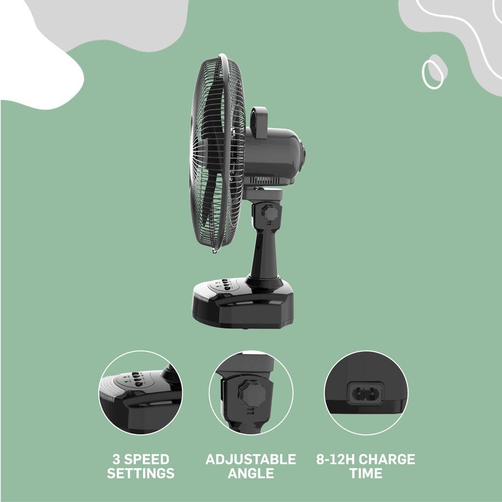 ELEKTRA EVERLAST 12 inch desk fan with 3 speed settings, adjustable angle, and 8-12 hour charge time on green background.