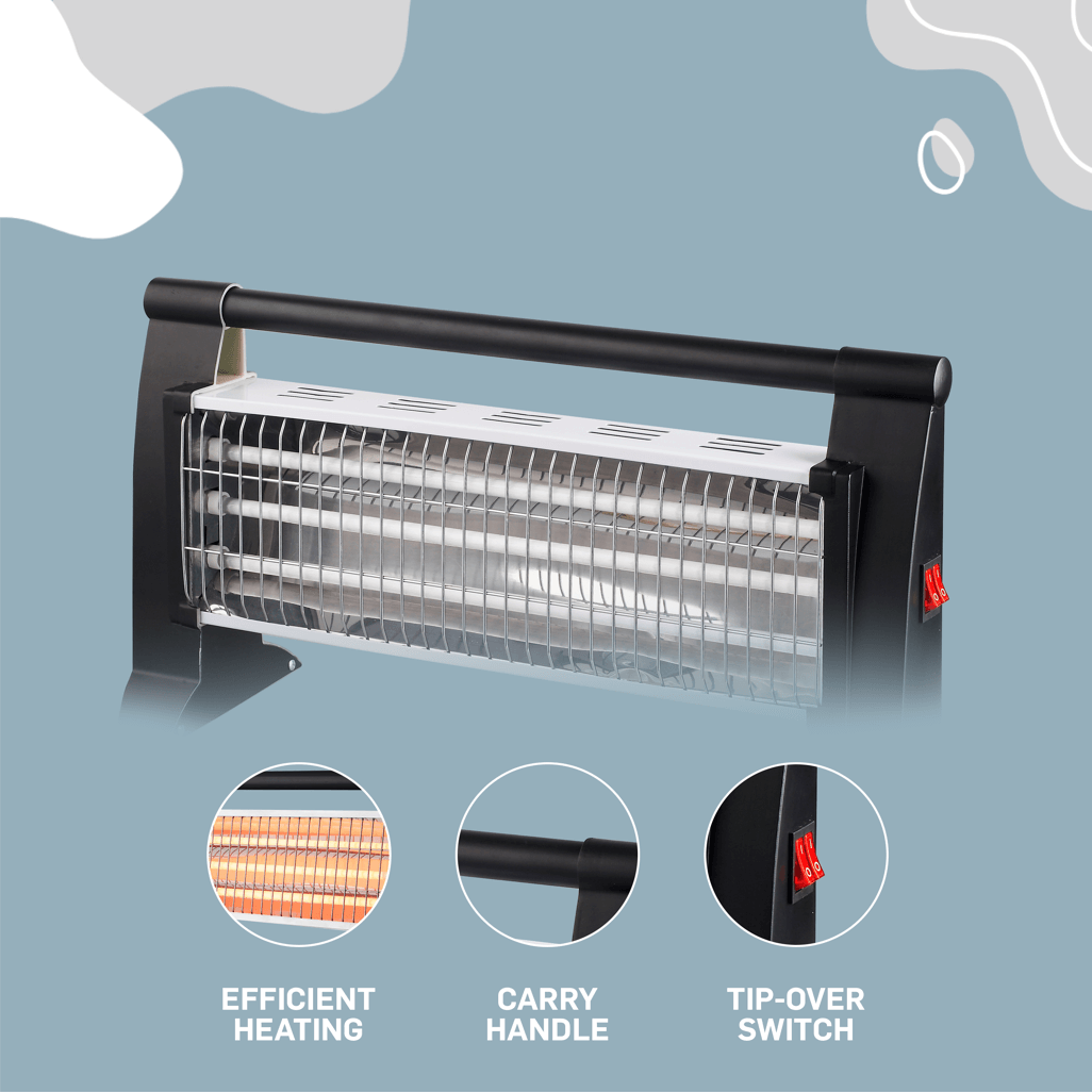 Elektra 3 Bar Heater features: efficient heating, carry handle, and tip-over switch for safety and convenience.