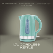 ELEKTRA 2200W 1.7L cordless kettle in teal with safety locking lid and LED indicator light.