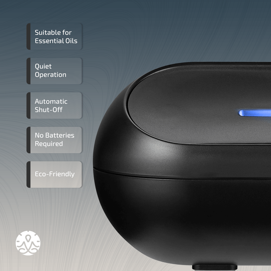 Zen Radiant Diffuser in black with features: suitable for essential oils, quiet operation, automatic shut-off, eco-friendly.