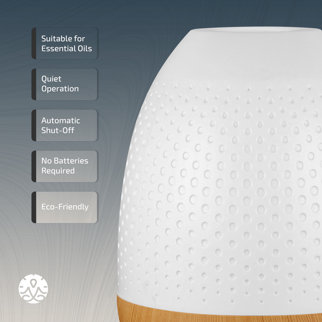 Zen Lunar Diffuser in white, eco-friendly, suitable for essential oils, automatic shut-off, quiet operation.