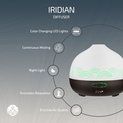 Zen Iridian Diffuser in dark wood featuring color-changing LED lights, night light, and continuous mist for relaxation.
