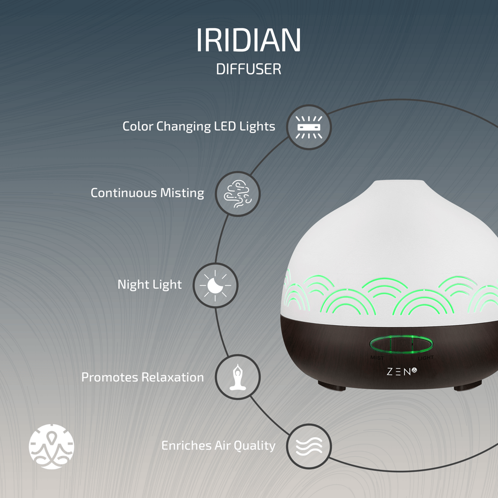 Zen Iridian Diffuser in dark wood featuring color-changing LED lights, night light, and continuous mist for relaxation.