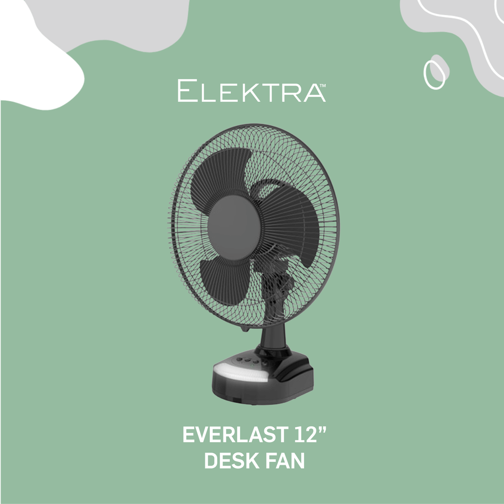 Elektra Everlast 12-inch desk fan on green background, perfect for home or office cooling.