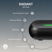 Zen Radiant Diffuser in black, featuring color changing LED lights, continuous misting, night light, and air quality enhancement.