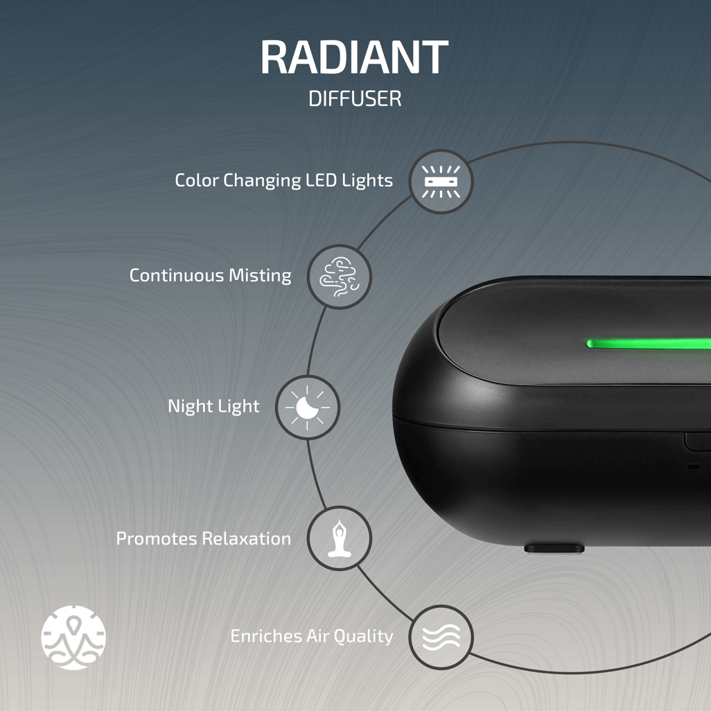 Zen Radiant Diffuser in black, featuring color changing LED lights, continuous misting, night light, and air quality enhancement.
