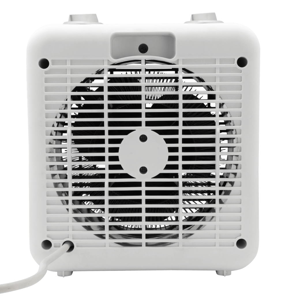 Elektra Square Fan Heater front view, showcasing its compact design and powerful fan for efficient heating.