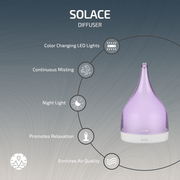 Zen Solace Diffuser in Grey with color-changing LED lights, continuous misting, and night light features.