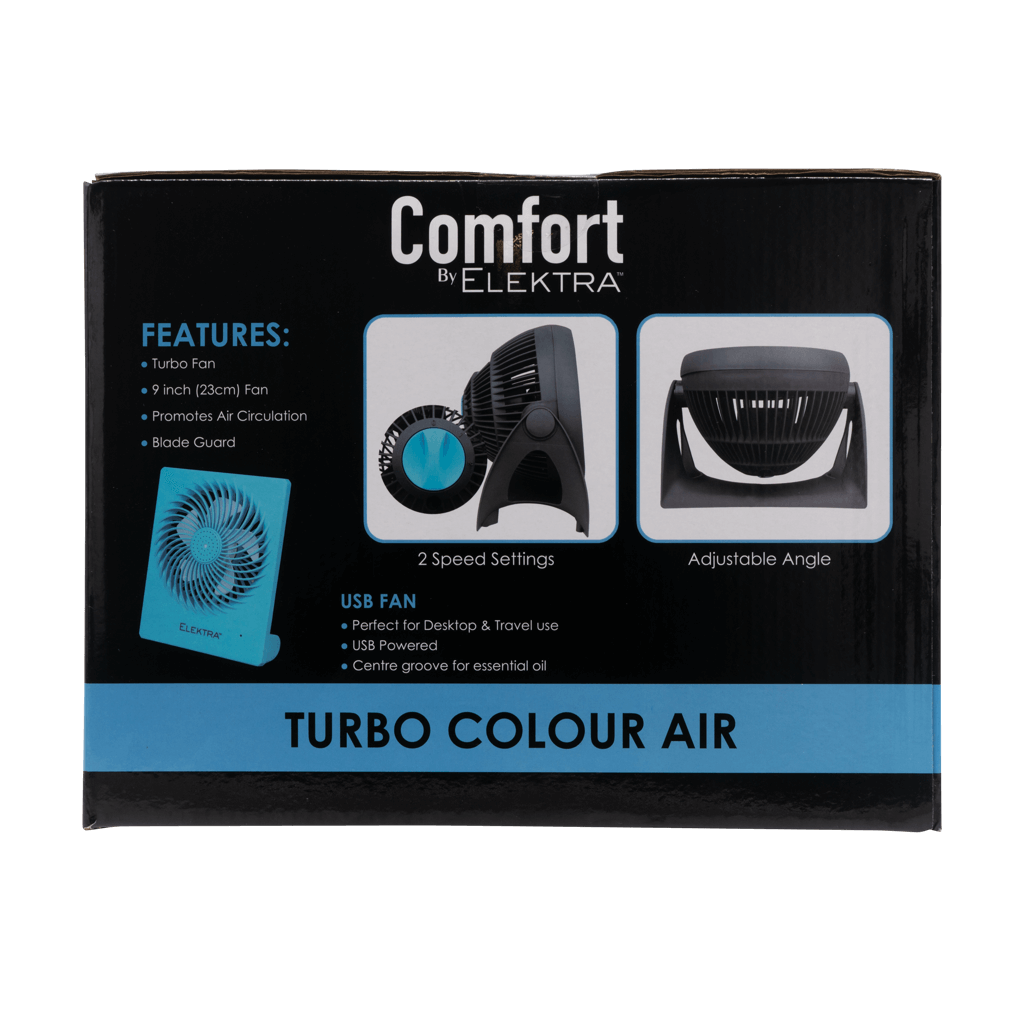 Elektra 2704 Turbo Color Air fan box features USB power, adjustable angle, and turbo efficiency for optimal air circulation.