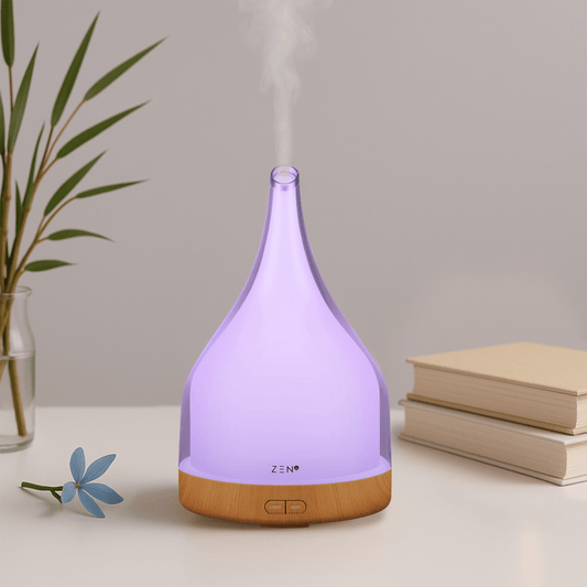 Zen Solace Diffuser in light wood with purple glow and steam, perfect for aromatherapy and relaxation.