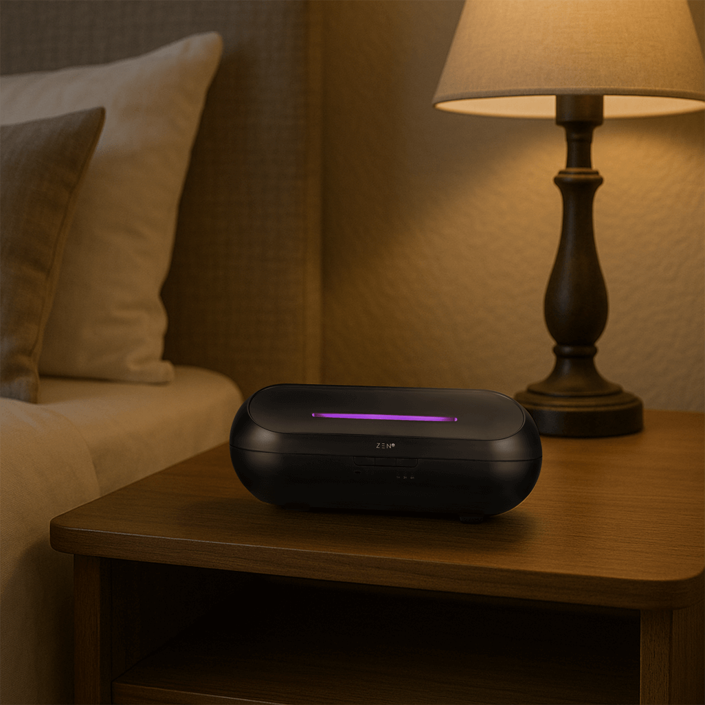 Zen Radiant Diffuser in black placed on a nightstand near a lamp, creating a calming atmosphere.