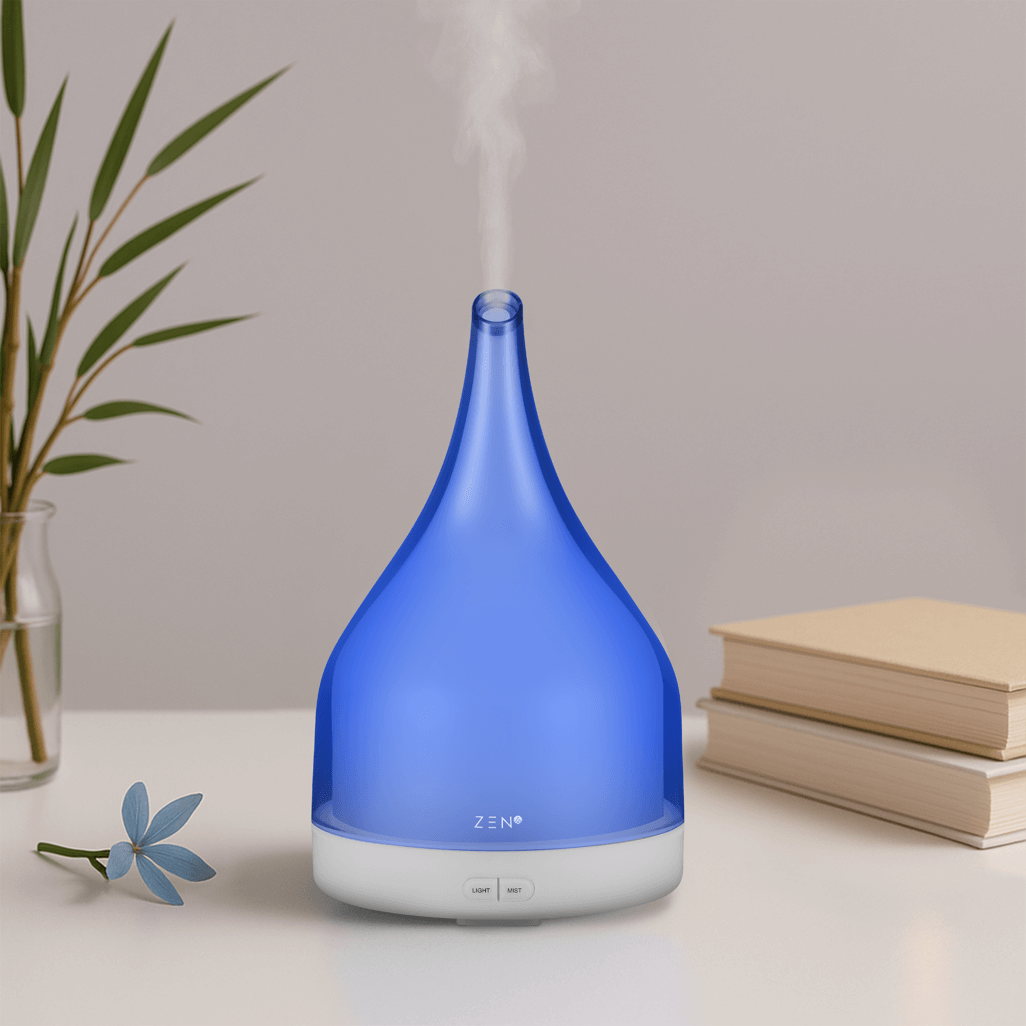 Zen Solace Diffuser in blue, emitting soothing mist, perfect for creating a calming atmosphere in any space.