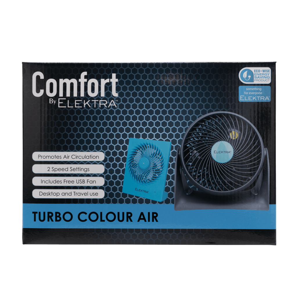 ELEKTRA 2704 Turbo Colour Air fan with USB included, promoting air circulation and featuring 2 speed settings.