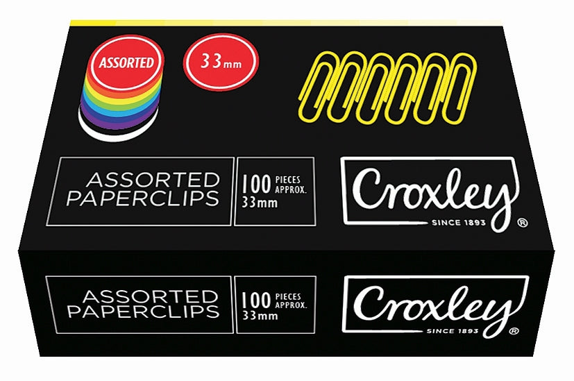 CROXLEY 33mm PVC Assorted Paper Clips 100's Pack of 10