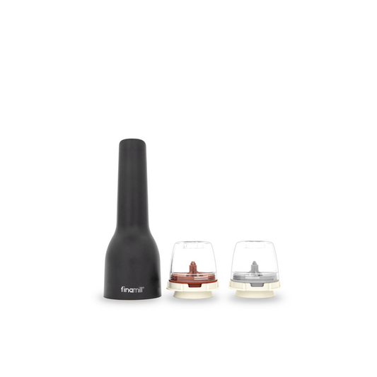 FINAMILL rechargeable grinder in Midnight Black with two interchangeable grinding containers.