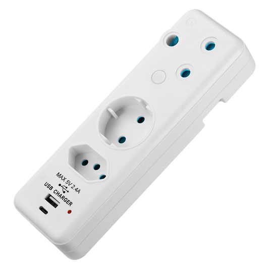 Ellies 3 Way Schuko Adaptor with type C + USB- White