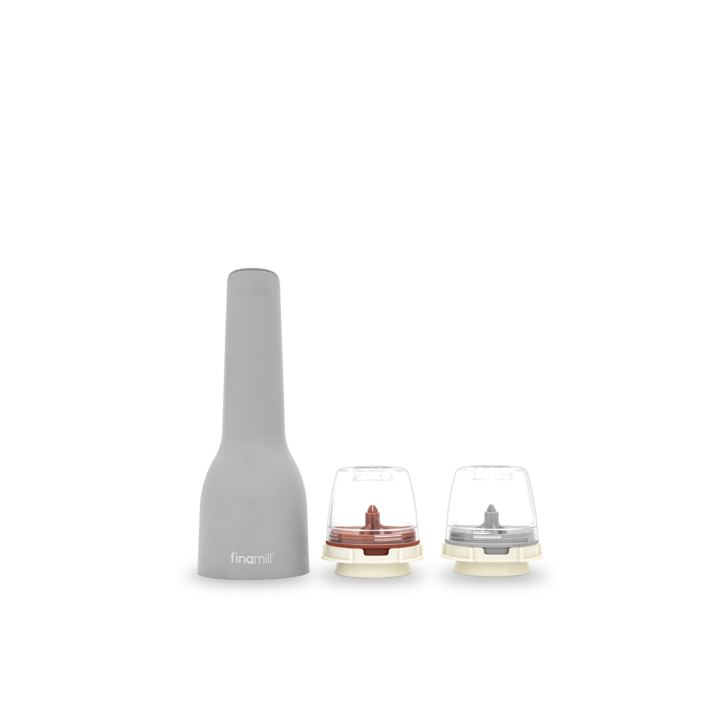 FINAMILL rechargeable grinder in gray with two interchangeable grinding containers for spices and herbs.