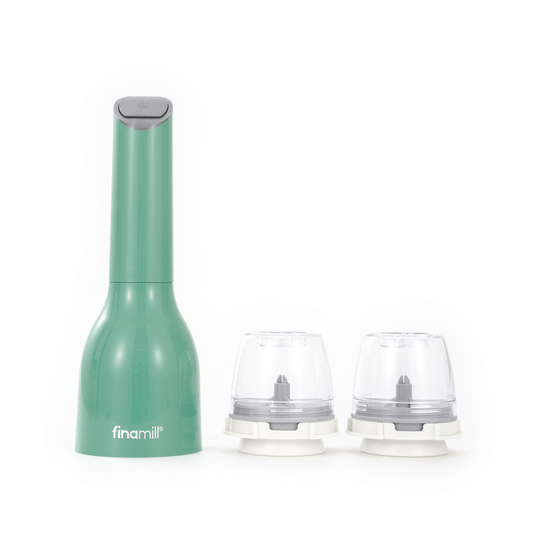 FINAMILL RECHARGEABLE grinder in Sage color with two interchangeable grinding containers.