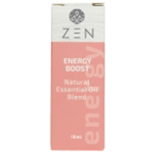 Zen Oil Energy Boost essential oil blend for relaxation and stress relief, 10ml bottle packaging.