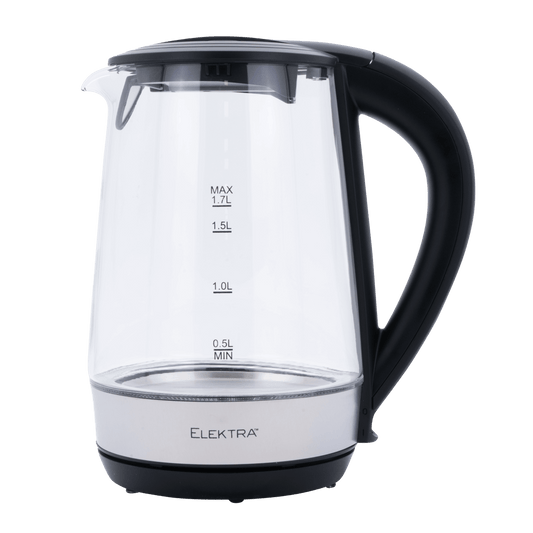 ELEKTRA 1.7L Glass Kettle with sleek design, 2200W fast boil, and 360° cordless base for easy use.