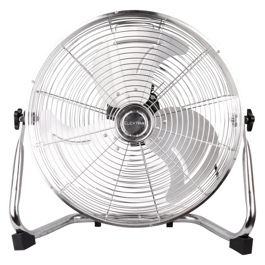 ELEKTRA POWER FAN with a sleek silver design and powerful blades for efficient cooling in any space.