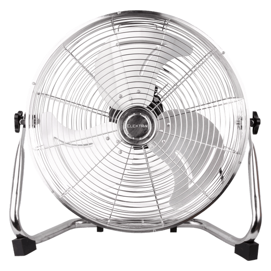 ELEKTRA POWER FAN with a sleek silver design and powerful blades for efficient cooling in any space.