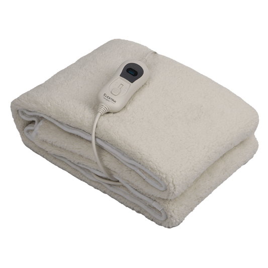 ELEKTRA E/CMFRT electric blanket, plush white fleece with controller, perfect for warmth and comfort on chilly nights.
