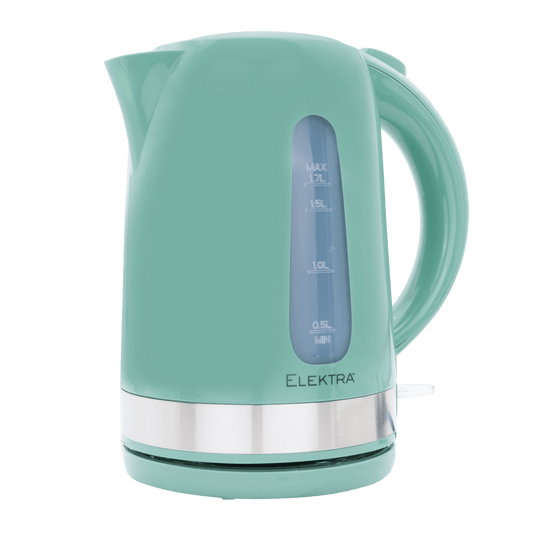 ELEKTRA 2200W green plastic kettle with stainless steel accent and 1.7L capacity for easy boiling.
