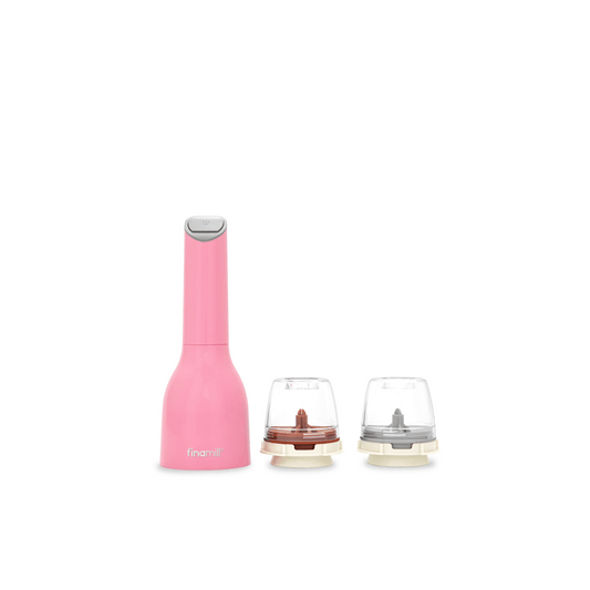 FINAMILL battery operated pink grinder with two interchangeable bowls for grinding spices and herbs.