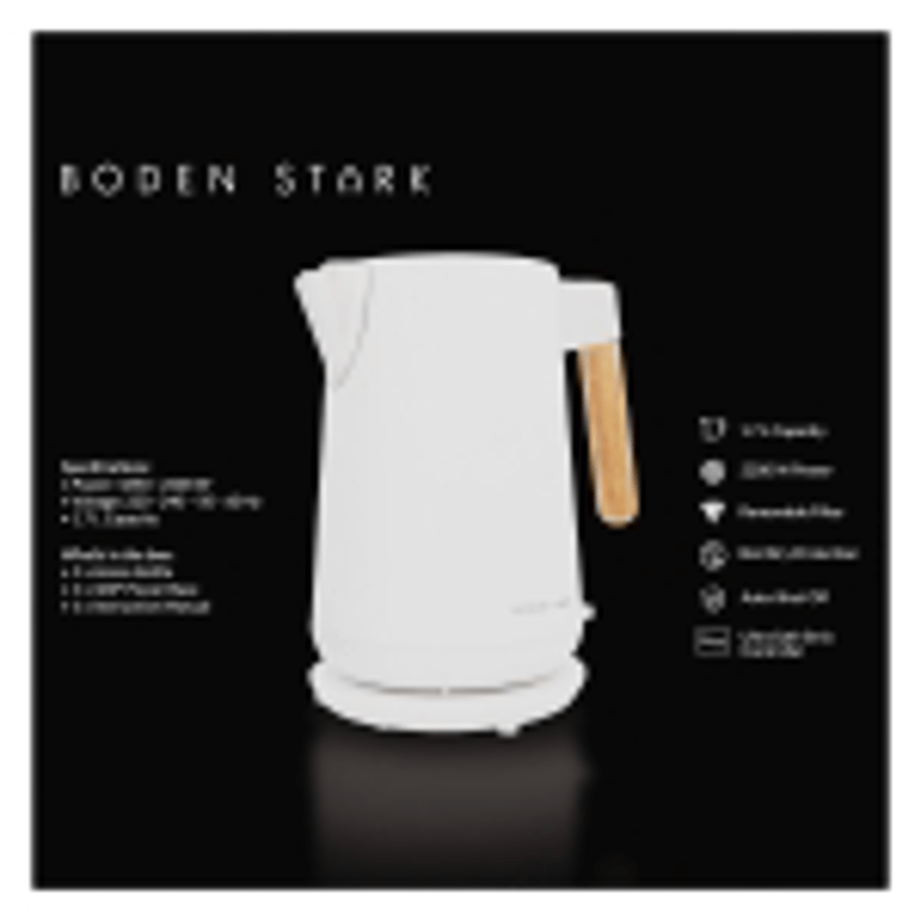 Boden Stark Anson Collection 1.7L 2000W stainless steel kettle in white with wood handle on a black background.