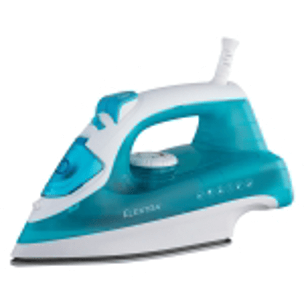 Elektra 2200W Non-Stick Steam Iron with blue accents, featuring a ceramic soleplate and multiple steam functions.