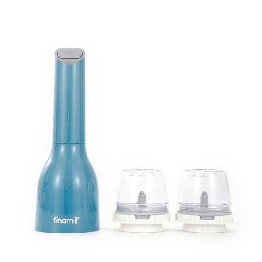 FINAMILL battery-operated grinder in Ocean Blue with two clear grinding containers, perfect for spices and herbs.