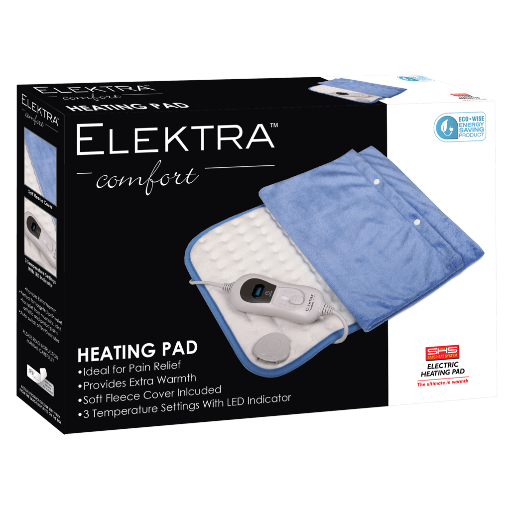 Elektra Comfort Heating Pad package featuring soft fleece cover, LED indicator, and three temperature settings for pain relief.