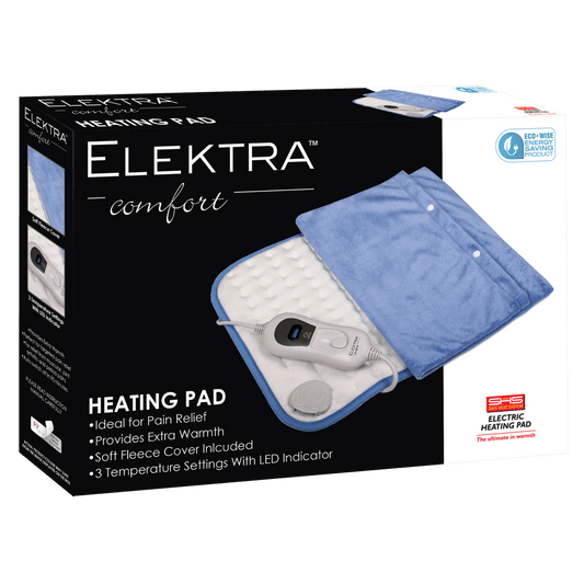 Elektra Comfort Heating Pad package featuring soft fleece cover, LED indicator, and three temperature settings for pain relief.