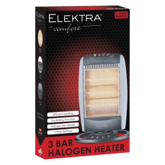 Elektra 3 Bar Halogen Heater packaging showcasing efficient heating and three heat settings.