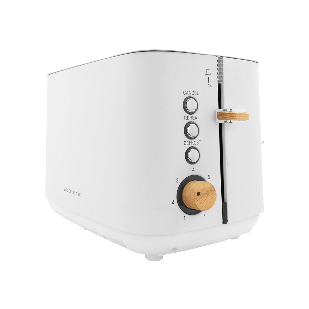 Boden Stark Anson Collection 2 Slice Stainless Steel Toaster in White with control buttons for defrost, reheat, and cancel.