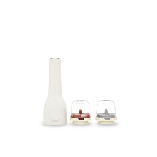 FINAMILL RECHARGEABLE grinder in Soft Cream with two interchangeable grinding containers.
