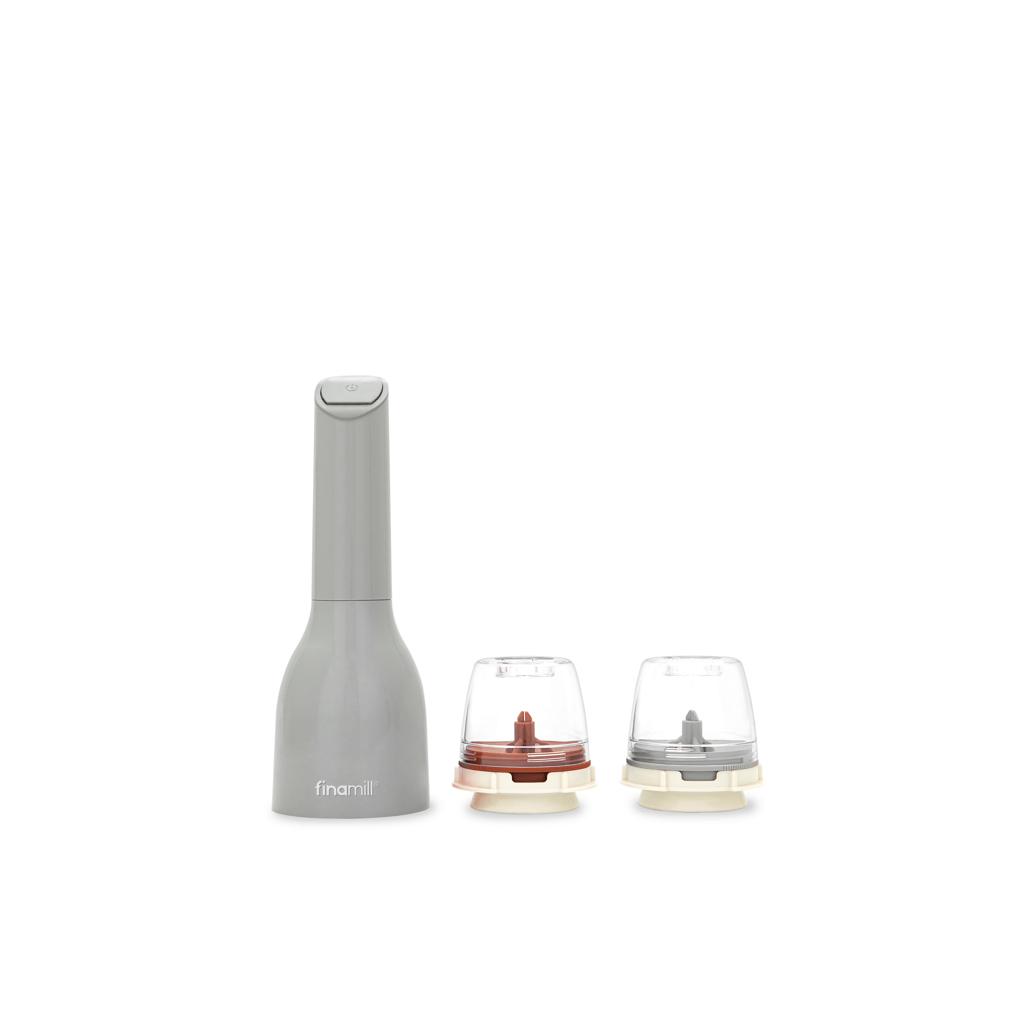 FINAMILL battery-operated grinder with interchangeable grinding cups in gray and clear for versatile spice grinding.