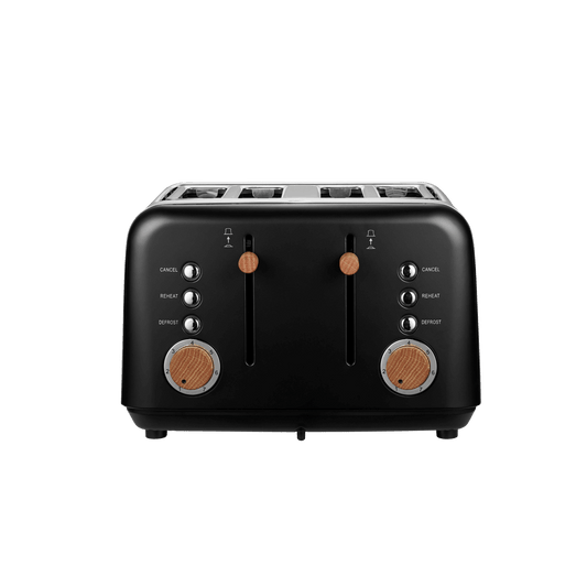 Boden Stark Anson Collection black stainless steel 4 slice toaster with wood accents and control buttons.