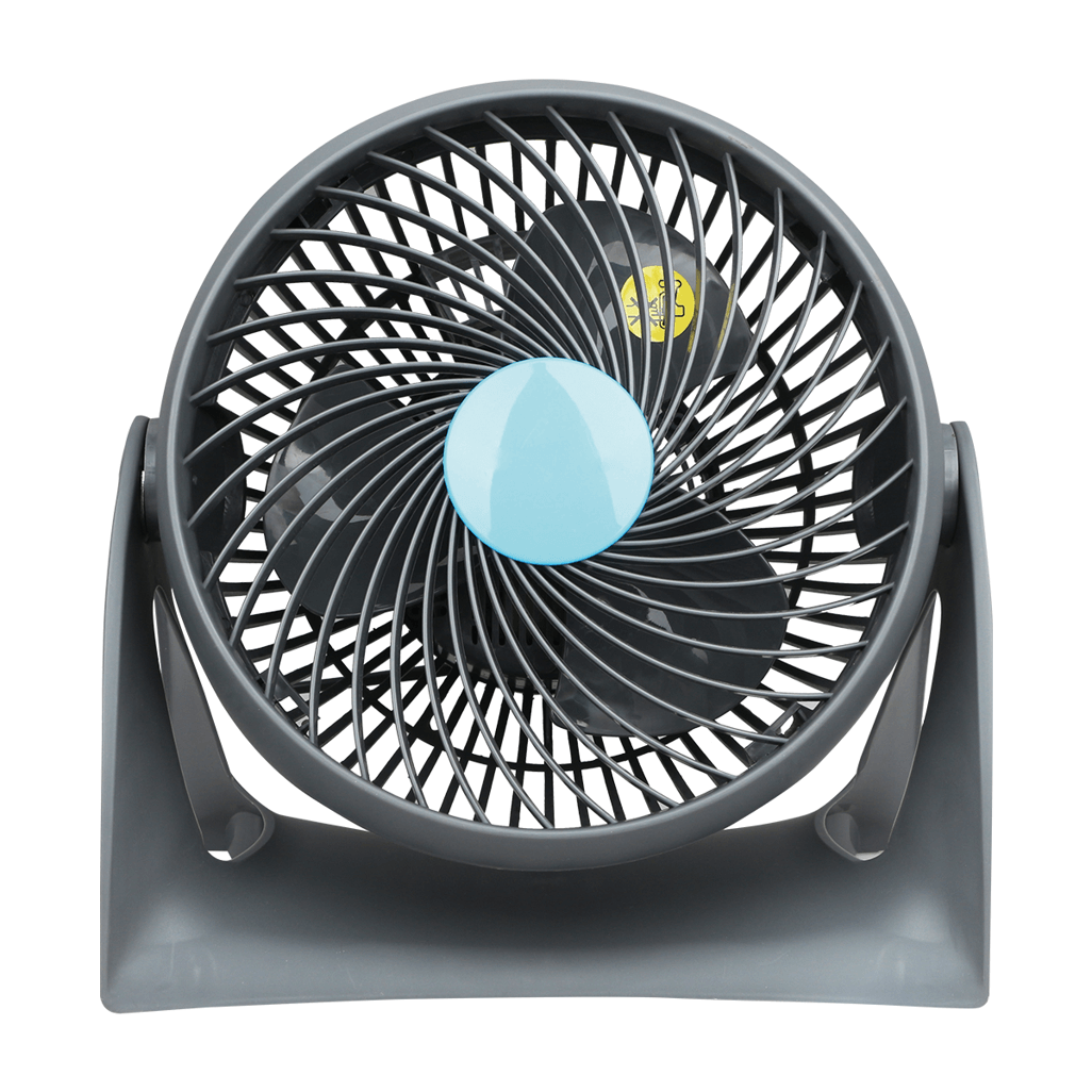 ELEKTRA 2704 Turbo Color Air + One compact fan with a sleek gray design and blue accents, ideal for home or office.