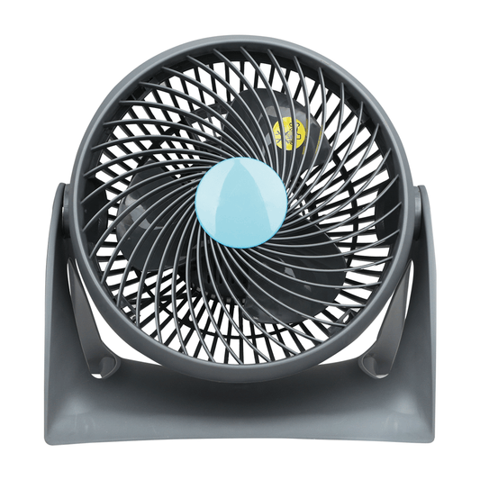 ELEKTRA 2704 Turbo Color Air + One compact fan with a sleek gray design and blue accents, ideal for home or office.