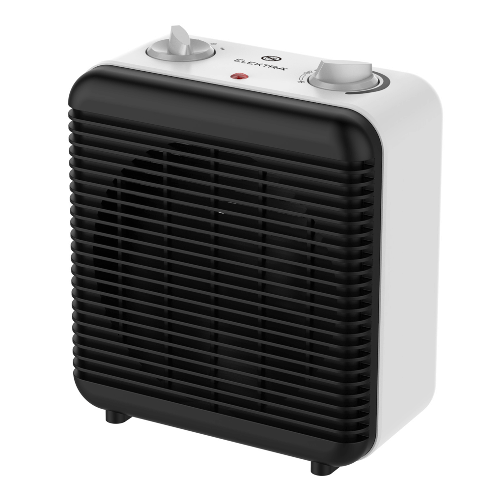 Elektra Square Fan Heater with adjustable thermostat and two heat settings for cozy warmth.
