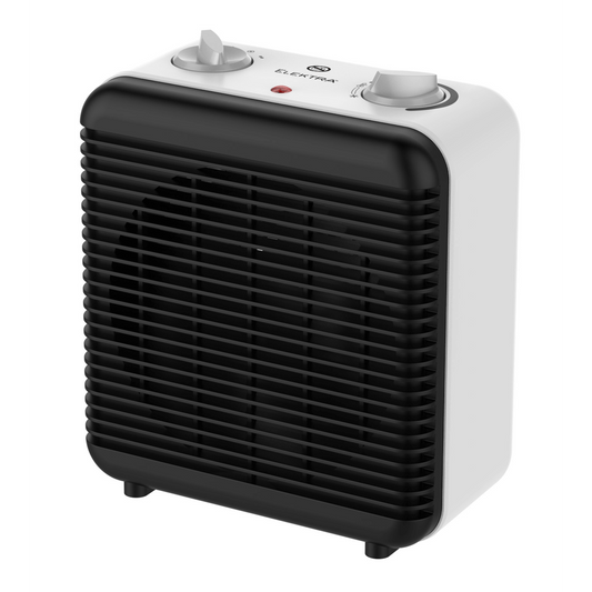 Elektra Square Fan Heater with adjustable thermostat and two heat settings for cozy warmth.