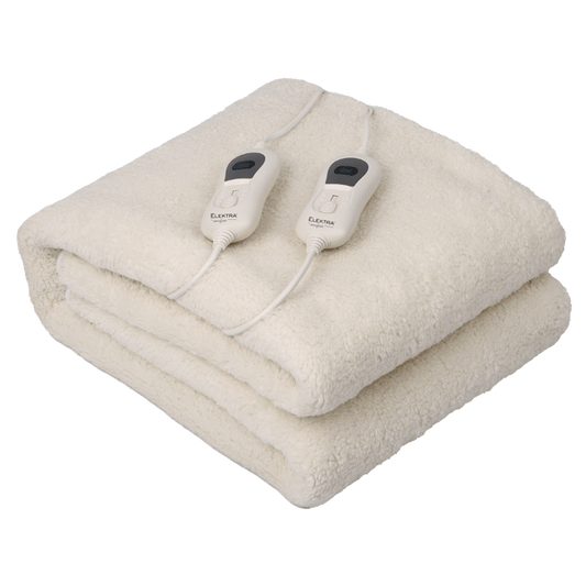 ELEKTRA E/CMFRT electric blanket in cream color with dual controllers, perfect for king-sized bedding comfort.