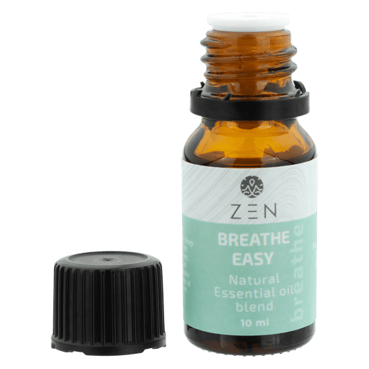 Zen Oil Breathe Easy essential oil blend in amber bottle, promoting relaxation and easy breathing, 10 ml.