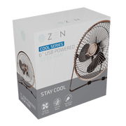 ZEN Cool series 6 inch USB powered Desk Fan in copper packaging, designed for strong airflow and convenience.