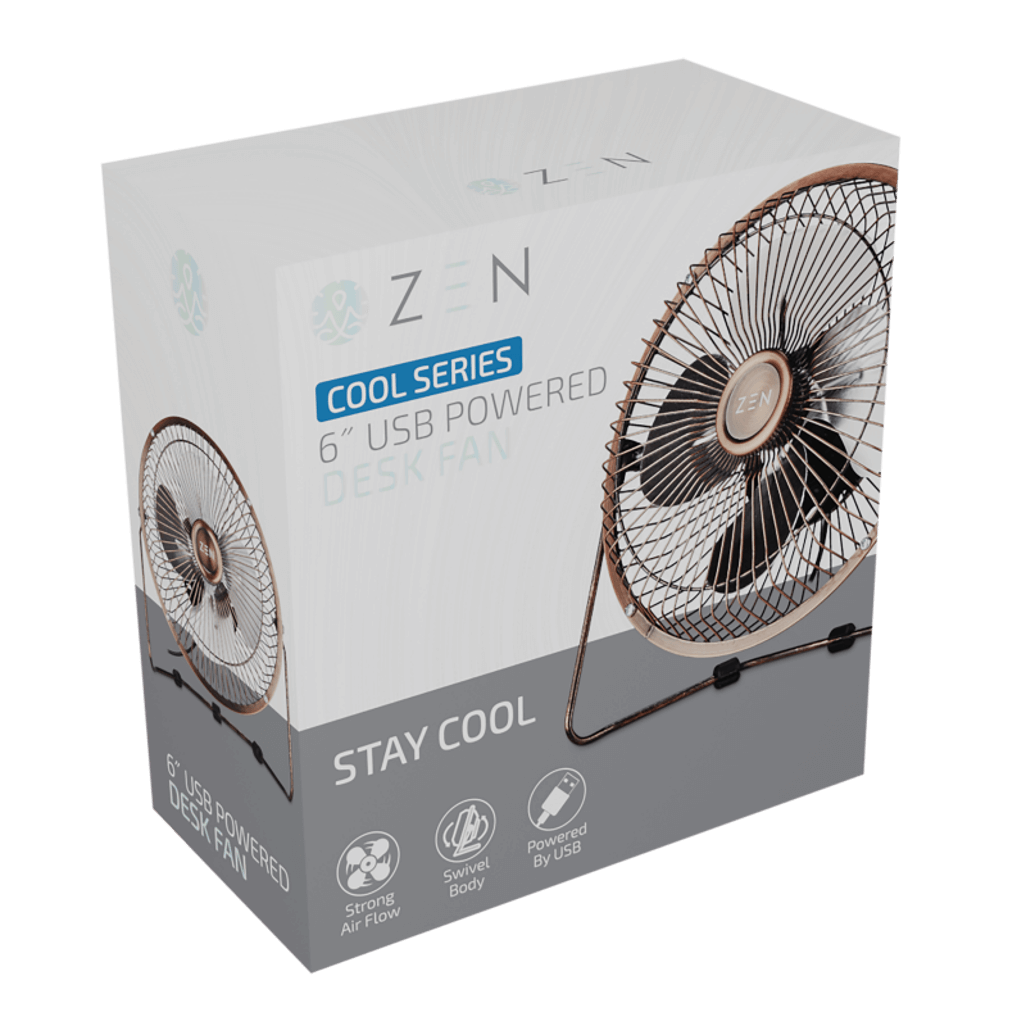 ZEN Cool series 6 inch USB powered Desk Fan in copper packaging, designed for strong airflow and convenience.