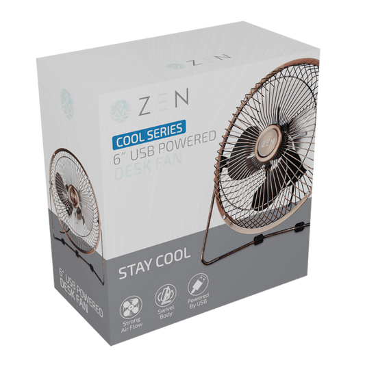 ZEN Cool series 6 inch USB powered Desk Fan in copper packaging, designed for strong airflow and convenience.