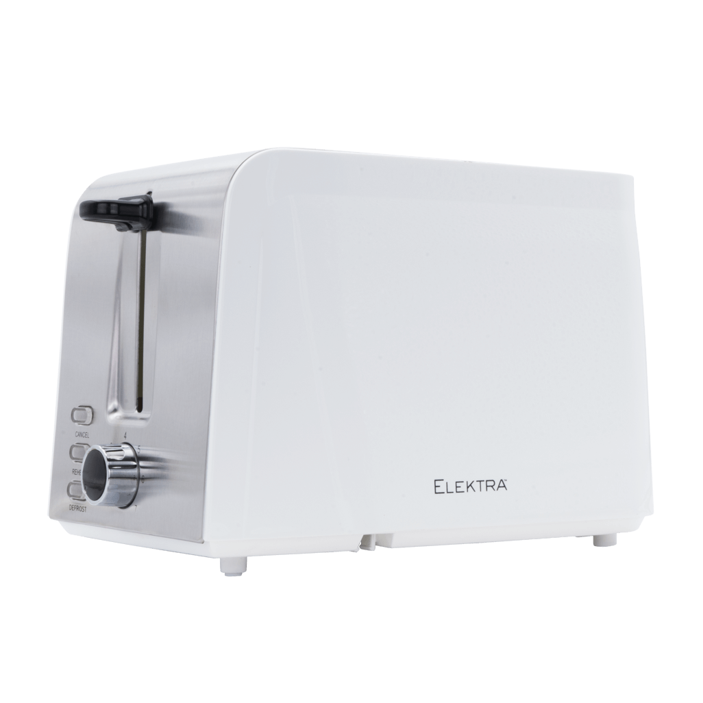 Elektra 2 Slice Toaster in white with stainless steel accents for perfect browning and versatile features.