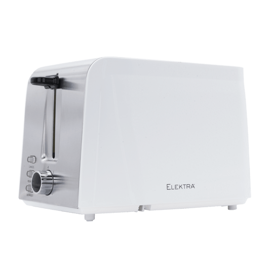 Elektra 2 Slice Toaster in white with stainless steel accents for perfect browning and versatile features.